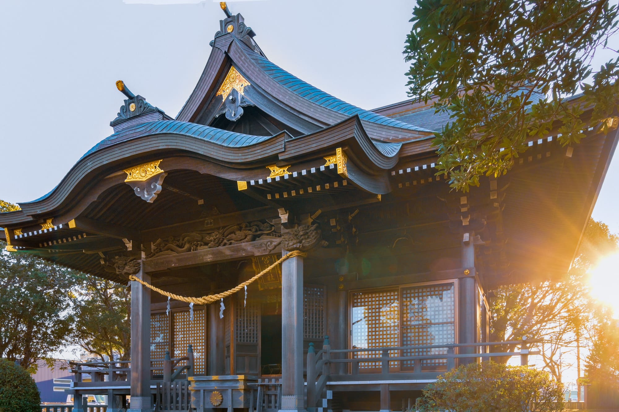 朝日に照らされる神社の風景