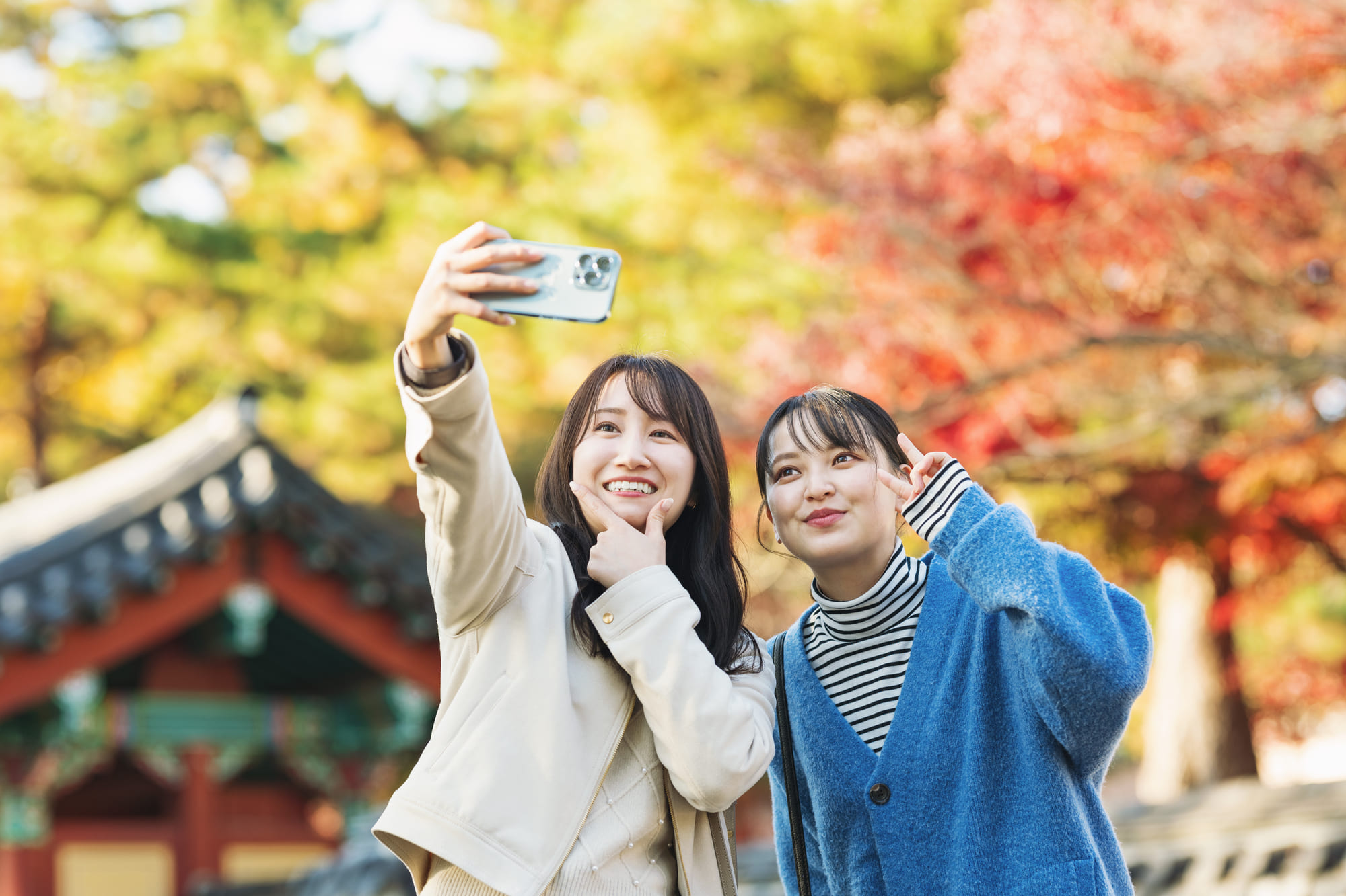 神社で写真を撮る