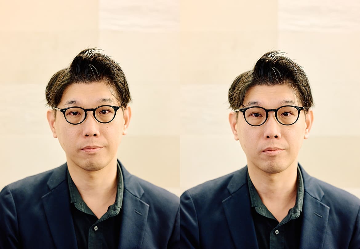 左は梅澤さんの目の幅に合ったメガネ。右は幅が広いのでレンズと目の位置がずれている