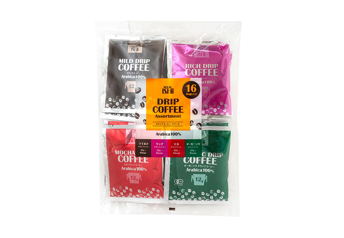 アラビカ種コーヒー豆100％を使用した「成城石井 ドリップコーヒーバラエティアソート」。リッチ・マイルド・モカ・有機の4種類