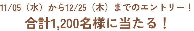 11/05(水)から12/25(木)までのエントリー! 合計1,200名様に当たる!