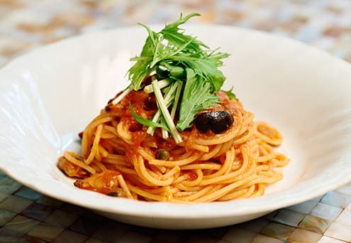 本日のスパゲティ：「アサリと水菜のプッタネスカ」