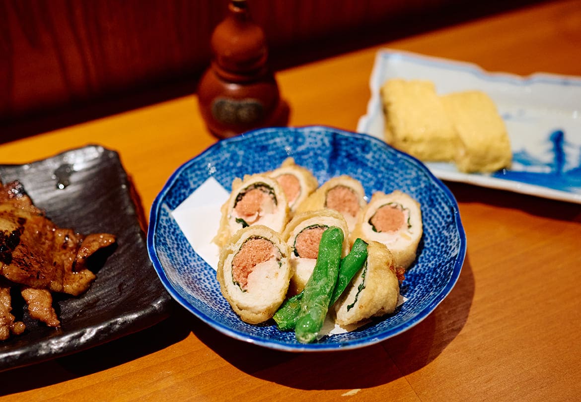 衣の具合もちょうど良い「鶏ささみの明太子大葉包み天」500円