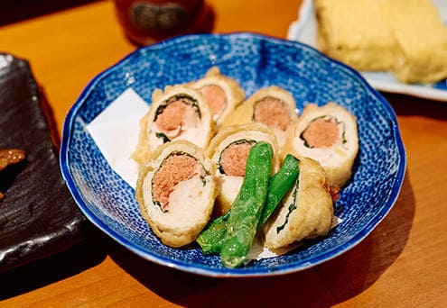 「鶏ささみの明太子大葉包み天」