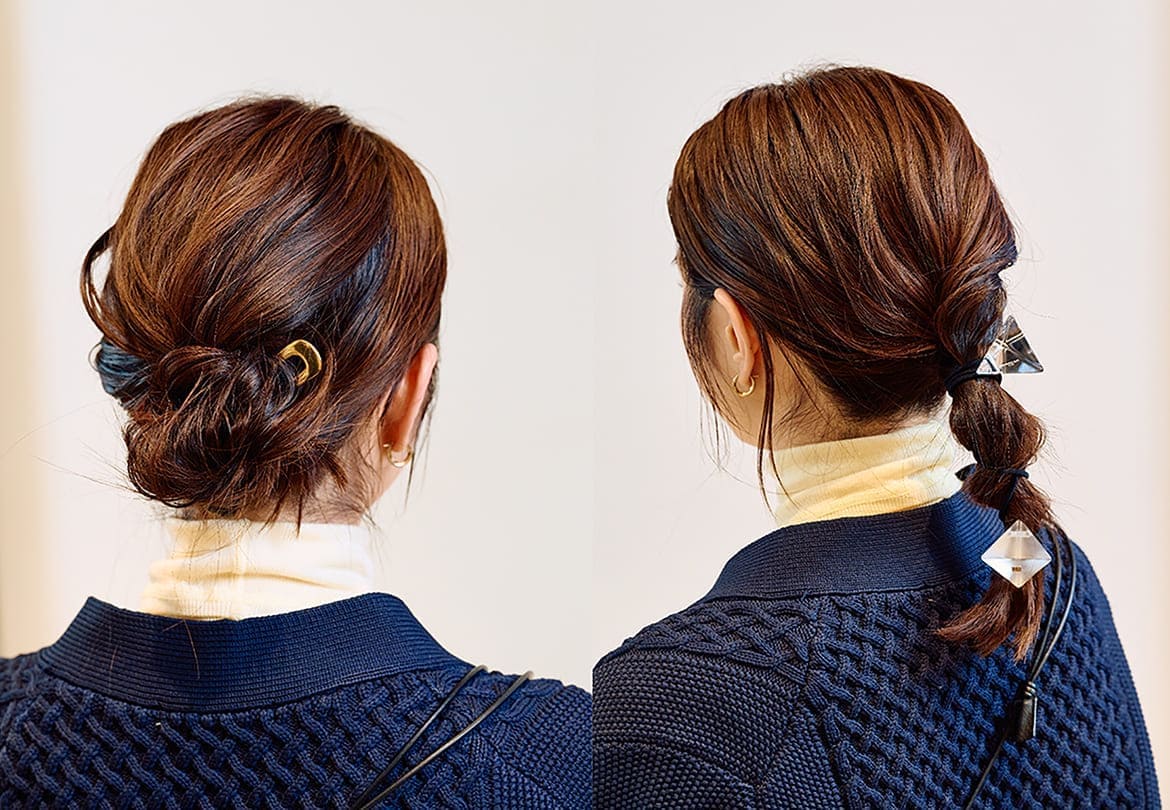 左：ヘアピンだけでこんなまとめ髪ができるなんて！/右：2個のピラミッドがアクセントに