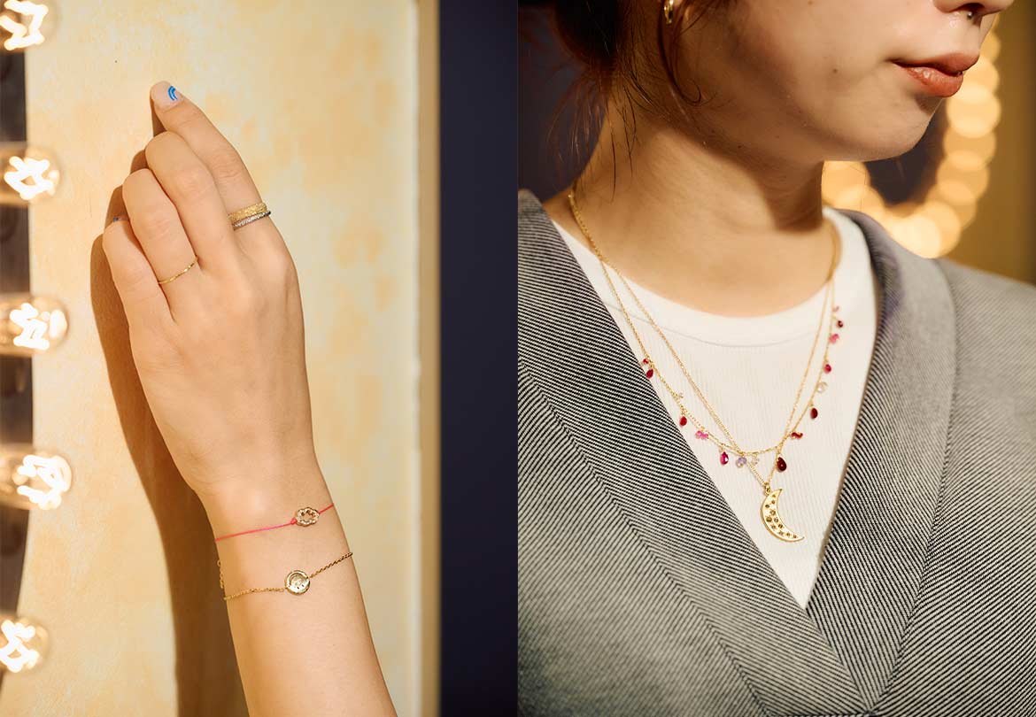 〈RED LINE〉雲モチーフダイアモンド×ピンクロープ18金ブレスレット 124,300円/〈RED LINE〉スマイリーモチーフダイアモンド18金ブレスレット 199,100円/〈BROOKE GREGSON〉月モチーフシャンパンダイアモンド・ホワイトダイアモンド14金ネックレス 328,900円/〈SWEET PEA〉ルビー×ピンクサファイア×タンザナイト18金ネックレス 215,600円/〈CAROLINA BUCCI〉18金WHITEGOLDリング   42,900円 /〈CAROLINA BUCCI〉18金YELLOWGOLDリング 94,600円