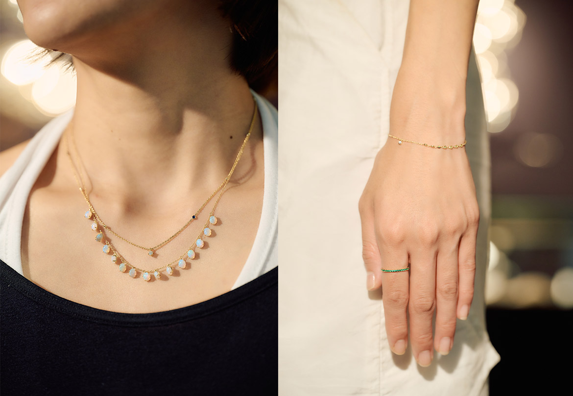 〈WHITEBiRD〉オパール15石×18金ネックレス 339,900円/〈WHITEBiRD〉ブルーサファイア8石×ダイアモンド18金ネックレス 277,200円/〈WHITEBiRD〉ツァボライト×18金×ダイヤモンドブレスレット 189,200円/〈WHITEBiRD〉18金エメラルドフルエタニティリング 231,000円